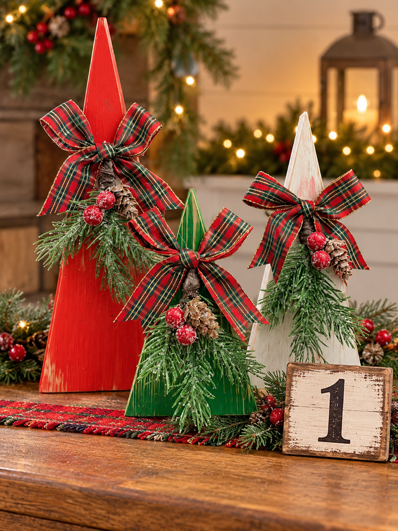 Set of three handmade wooden Christmas trees in rustic red, green, and white with plaid bows, greenery, berries, and pinecones, displayed on a Christmas table.