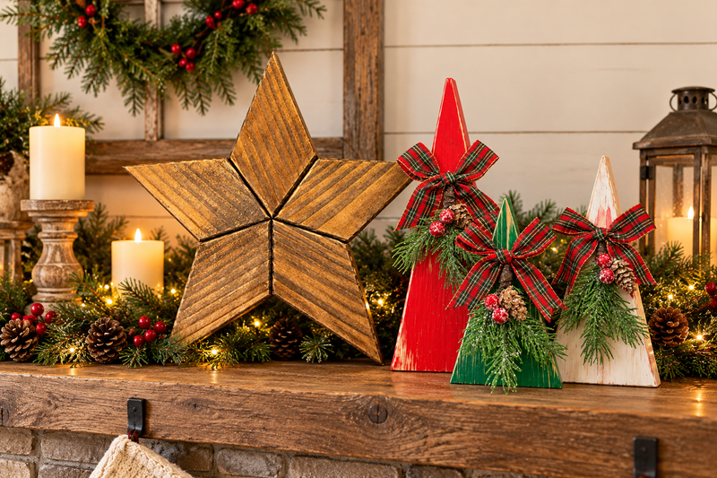Handcrafted rustic wooden star displayed alongside three red, green, and white miniature Christmas trees with plaid bows on a cozy farmhouse mantel decorated for Christmas.